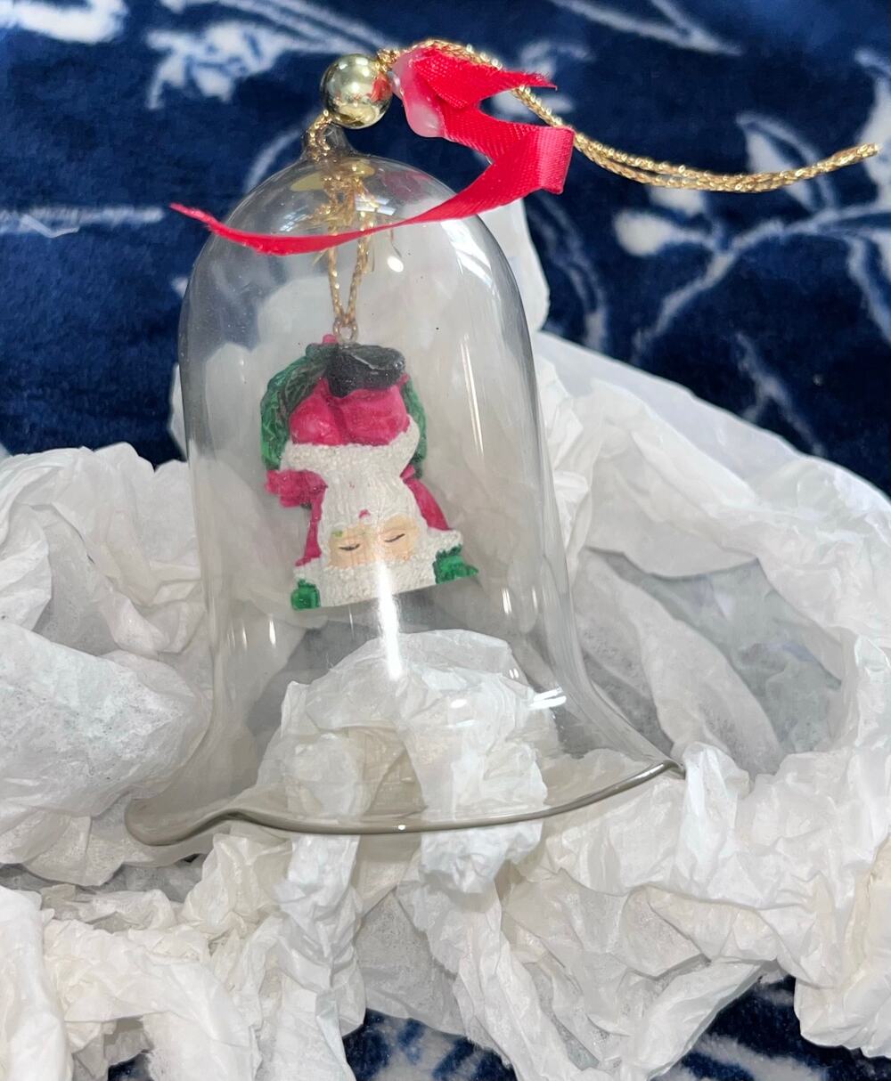 Vintage Holiday Leisure Christmas Ornament Upside Down Santa in Glass Bell